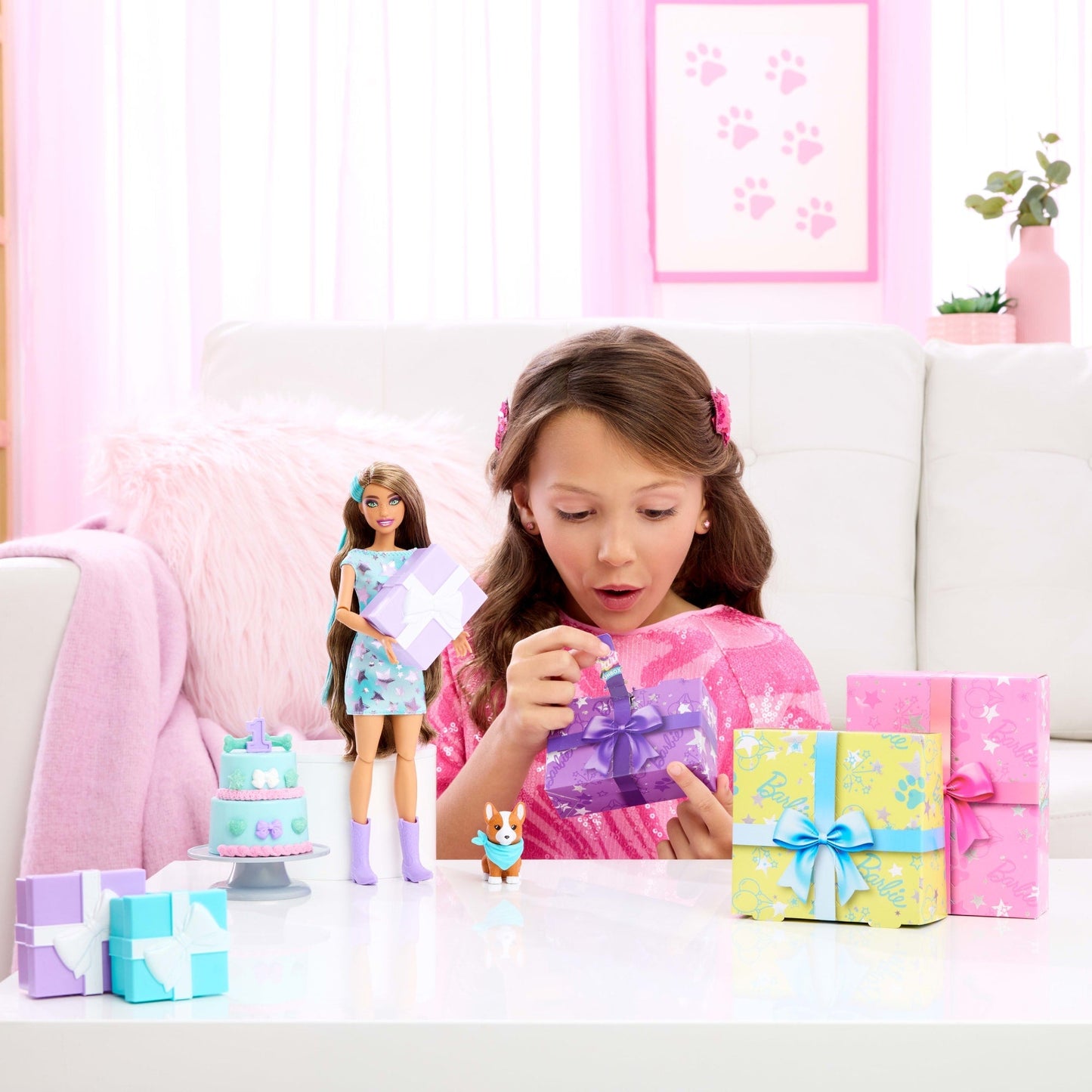 Barbie Party Unboxed Boneca Festa de Animais Vestido Rosa