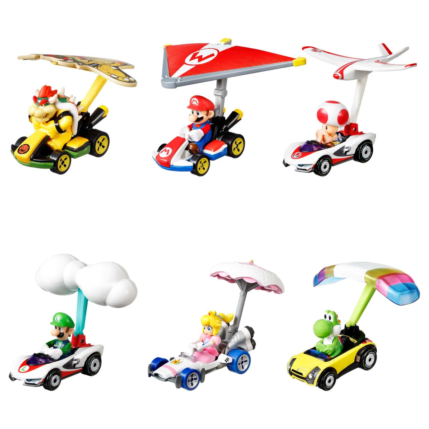 Hot Wheels Mario Kart Veículo de Brinquedo Yoshi Sports Coupê com Paraquedas